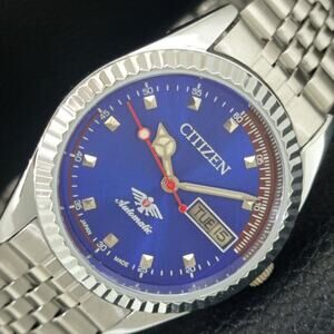 Vintage 1979 Citizen Automatic Mens Silver Watch W/daydate & Blue accents